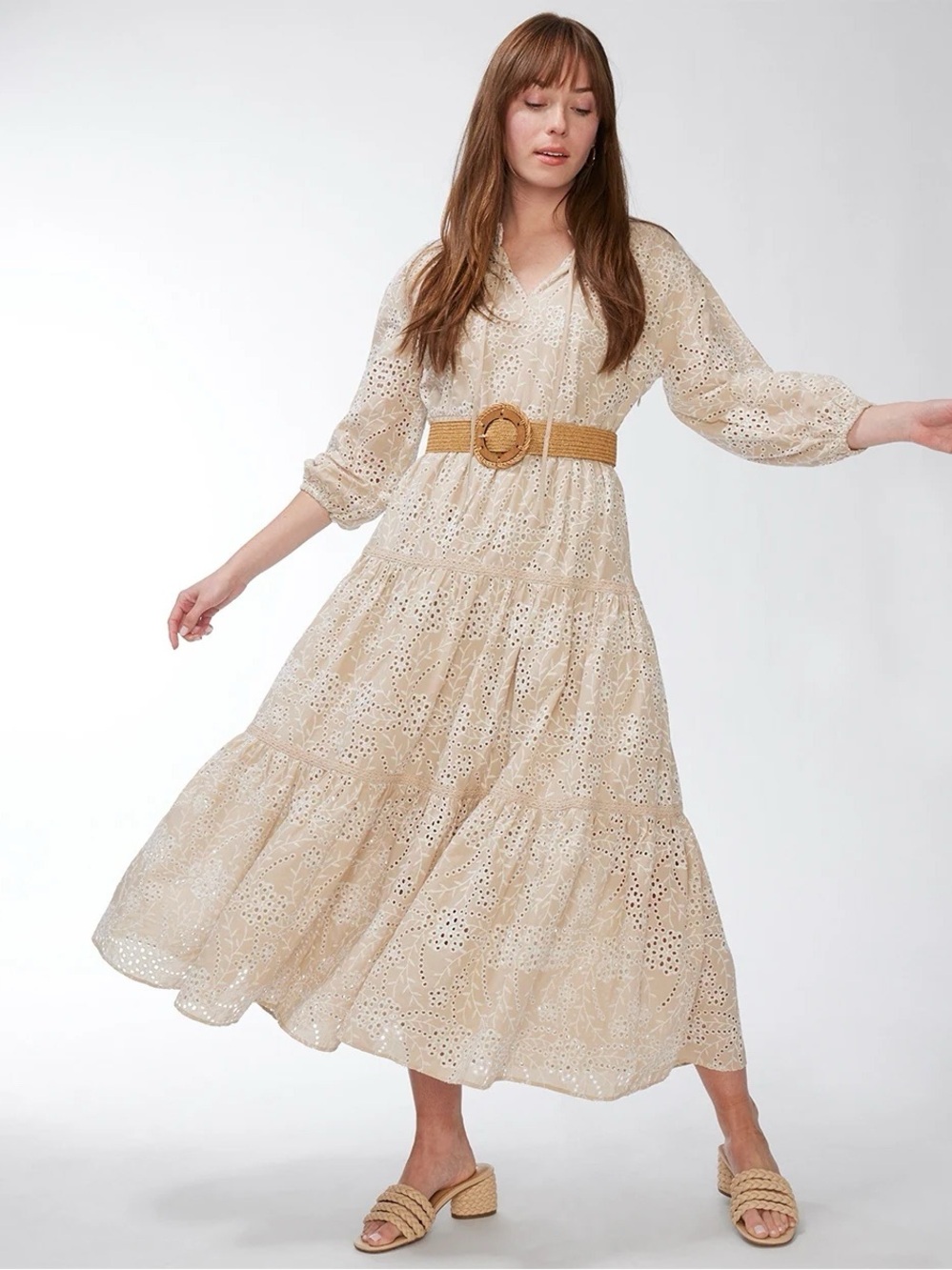 Chico's Beige Eyelet Floral Tiered Maxi Dress 4